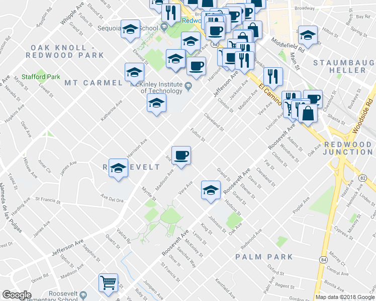 map of restaurants, bars, coffee shops, grocery stores, and more near 720 Madison Avenue in Redwood City