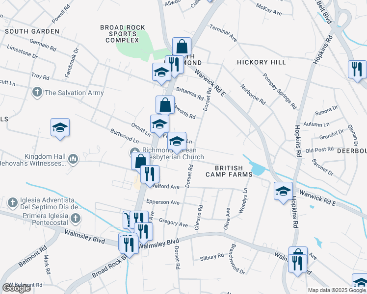 map of restaurants, bars, coffee shops, grocery stores, and more near 4615 Ferguson Lane in Richmond
