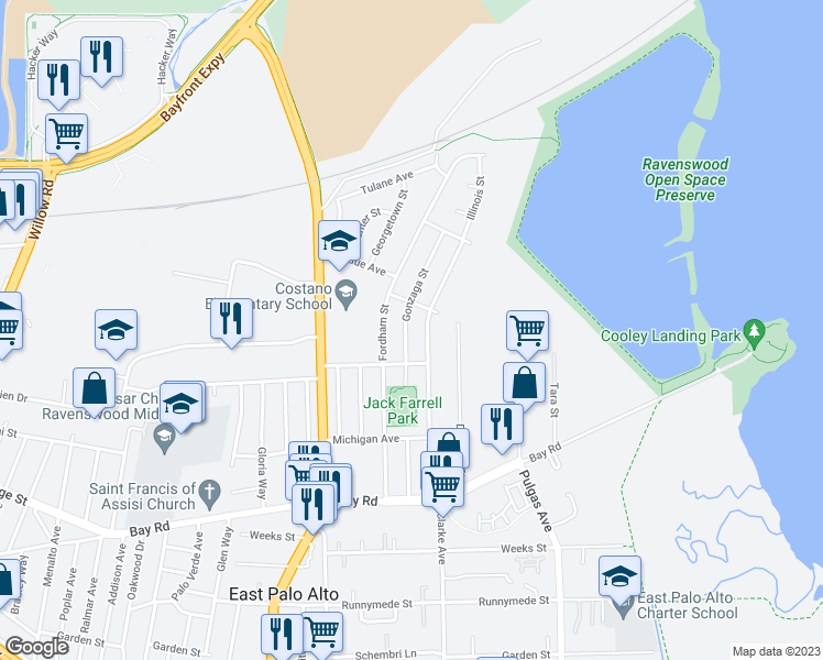 map of restaurants, bars, coffee shops, grocery stores, and more near 2668 Gonzaga Street in East Palo Alto