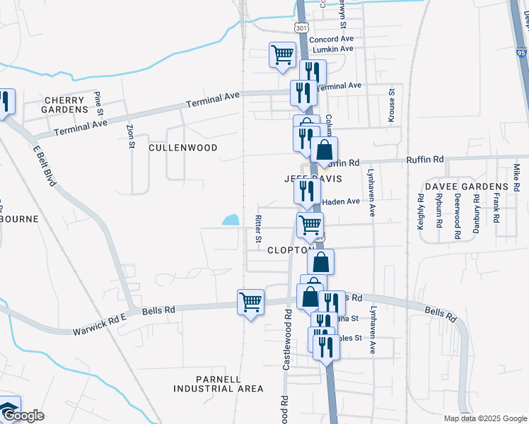 map of restaurants, bars, coffee shops, grocery stores, and more near 2720 Haden Avenue in Richmond