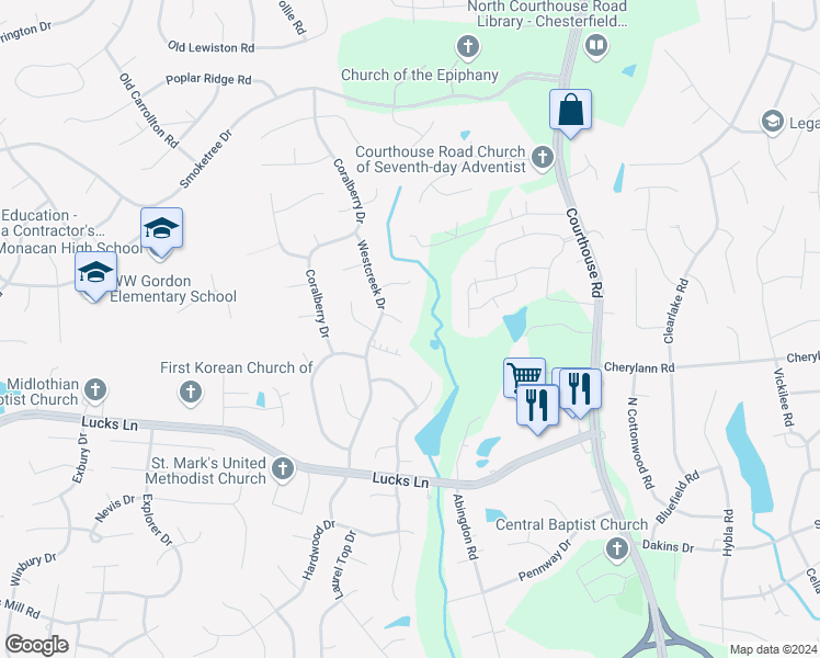 map of restaurants, bars, coffee shops, grocery stores, and more near 11301 Westcreek Circle in Chesterfield County