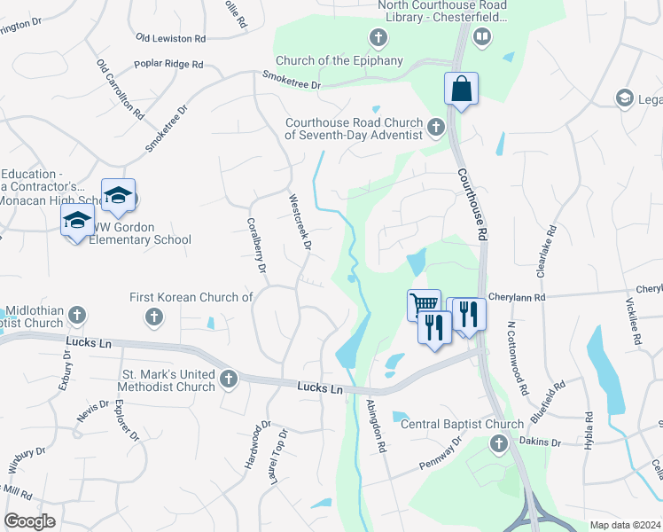 map of restaurants, bars, coffee shops, grocery stores, and more near 11301 Westcreek Circle in Chesterfield County