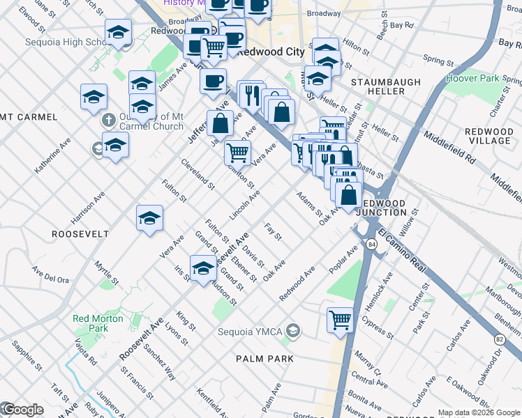 map of restaurants, bars, coffee shops, grocery stores, and more near 440 Roosevelt Avenue in Redwood City