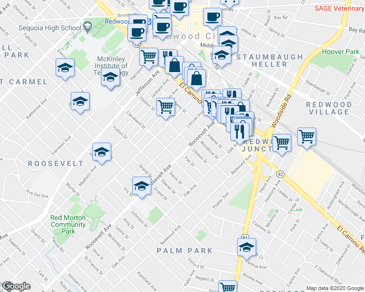 map of restaurants, bars, coffee shops, grocery stores, and more near 413 Lincoln Avenue in Redwood City