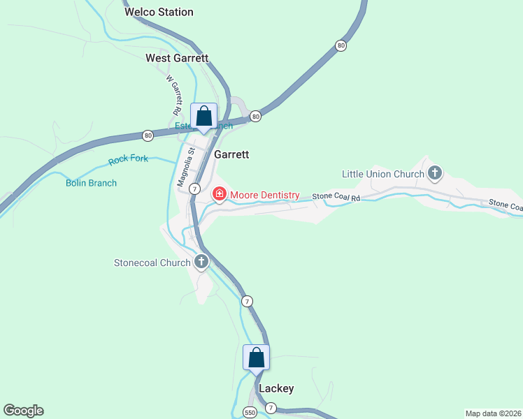 map of restaurants, bars, coffee shops, grocery stores, and more near 7155-7201 Stone Coal Road in Garrett