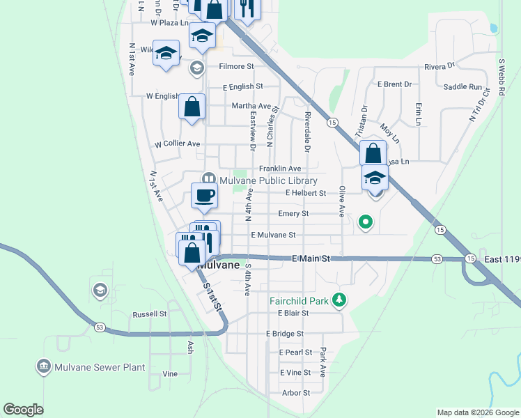 map of restaurants, bars, coffee shops, grocery stores, and more near 348-398 N 4th Ave in Mulvane