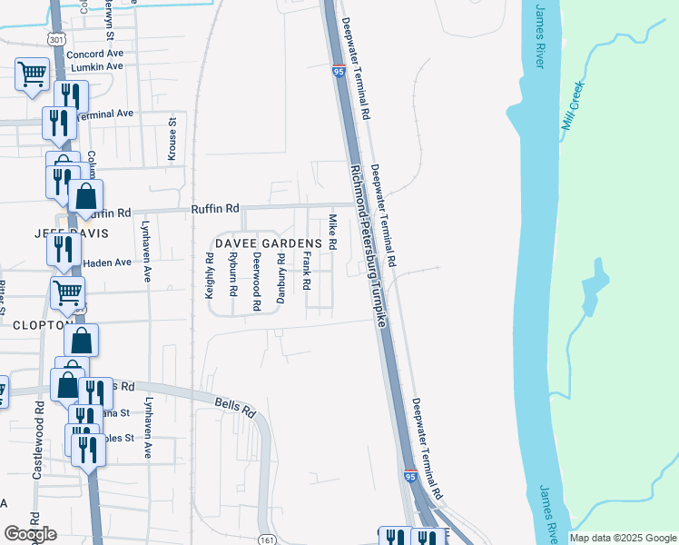 map of restaurants, bars, coffee shops, grocery stores, and more near 3326 Mike Road in Richmond