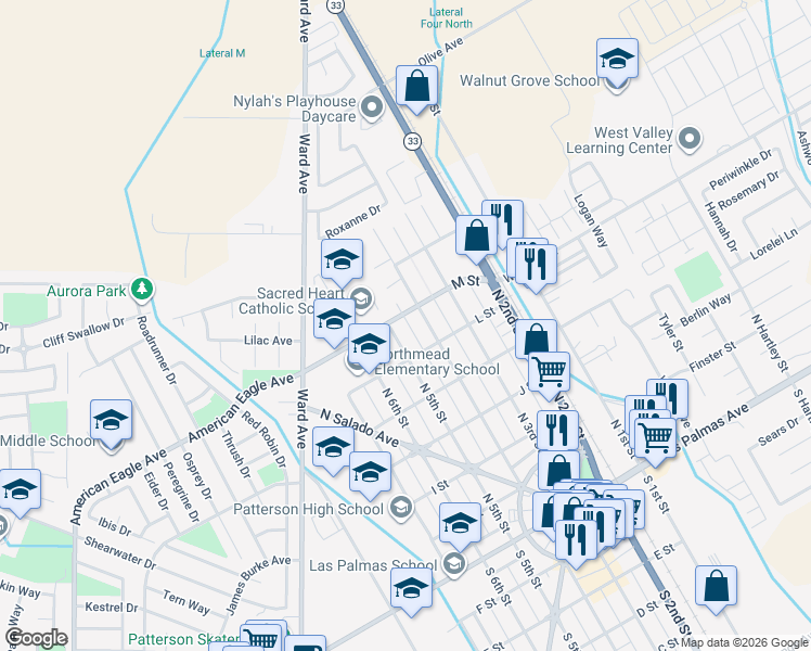 map of restaurants, bars, coffee shops, grocery stores, and more near 452 M Street in Patterson