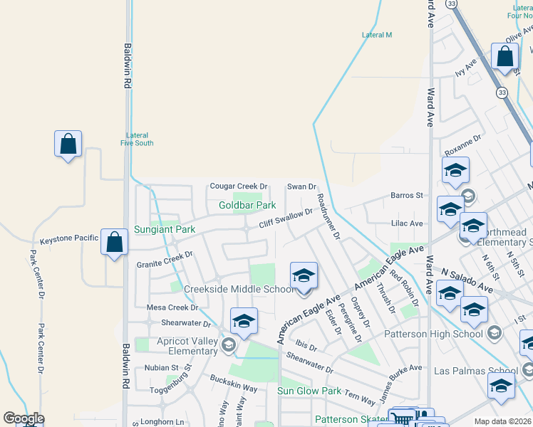 map of restaurants, bars, coffee shops, grocery stores, and more near 700 Rock Creek Lane in Patterson