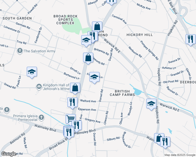 map of restaurants, bars, coffee shops, grocery stores, and more near 4615 Ferguson Lane in Richmond