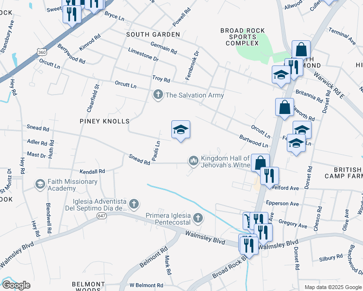 map of restaurants, bars, coffee shops, grocery stores, and more near 5146 Snead Road in Richmond