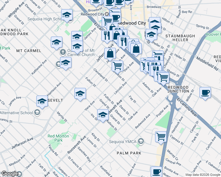 map of restaurants, bars, coffee shops, grocery stores, and more near 517 Vera Avenue in Redwood City