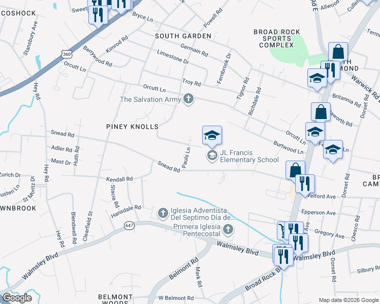 map of restaurants, bars, coffee shops, grocery stores, and more near 2709 Pauls Lane in Richmond