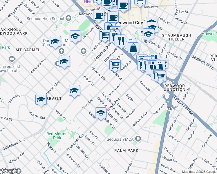 map of restaurants, bars, coffee shops, grocery stores, and more near 517 Vera Avenue in Redwood City