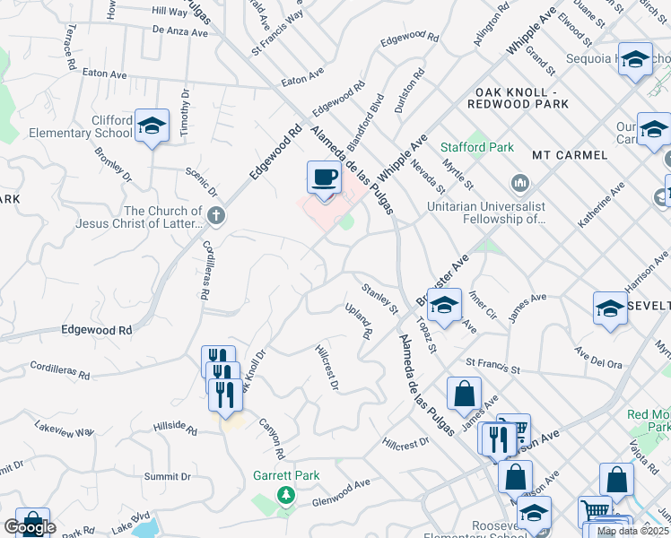 map of restaurants, bars, coffee shops, grocery stores, and more near 2952 Hopkins Avenue in Redwood City