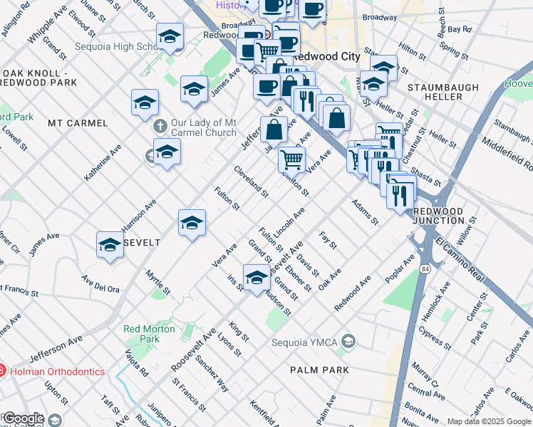 map of restaurants, bars, coffee shops, grocery stores, and more near 534 Vera Ave in Redwood City