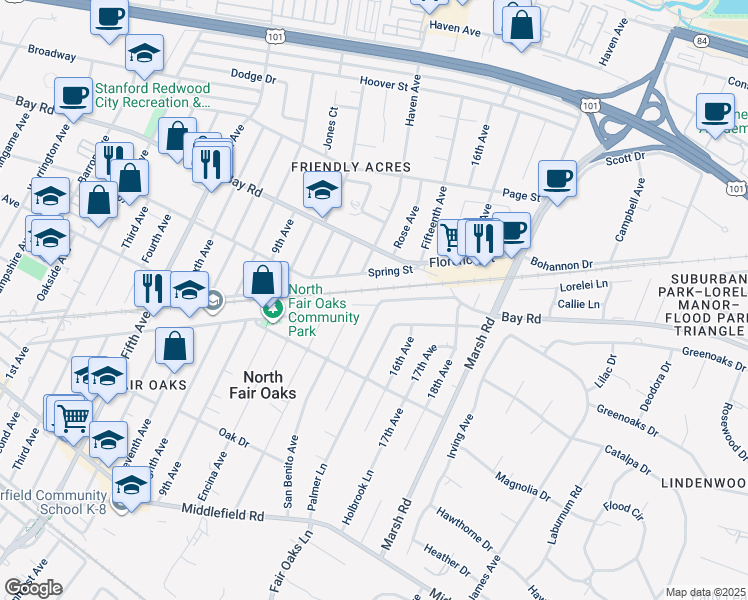 map of restaurants, bars, coffee shops, grocery stores, and more near 4 Athlone Way in Menlo Park