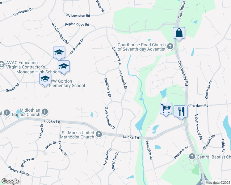 map of restaurants, bars, coffee shops, grocery stores, and more near 11419 Westcreek Court in Richmond