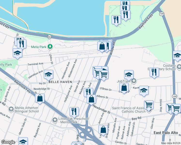 map of restaurants, bars, coffee shops, grocery stores, and more near 1335 Carlton Avenue in Menlo Park