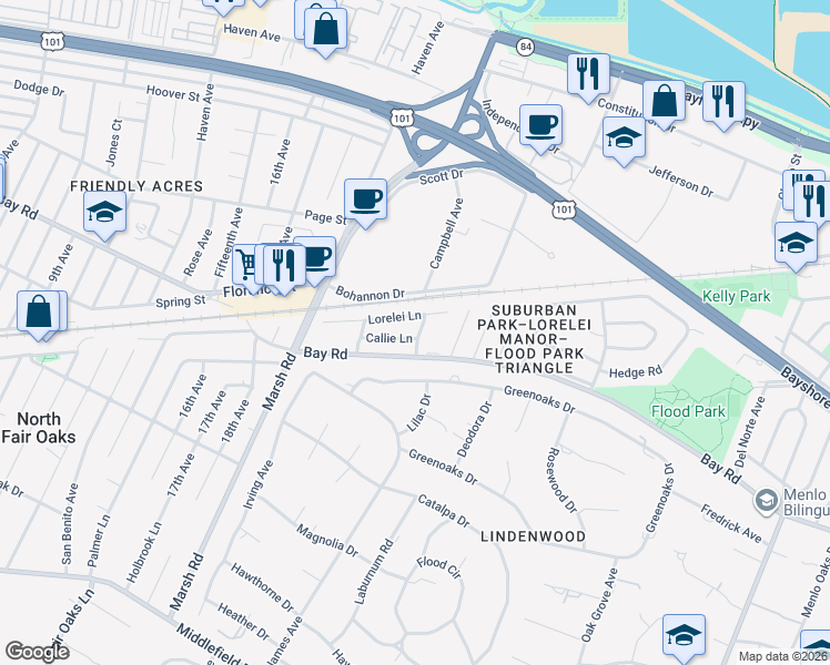 map of restaurants, bars, coffee shops, grocery stores, and more near 60 Lorelei Lane in Menlo Park