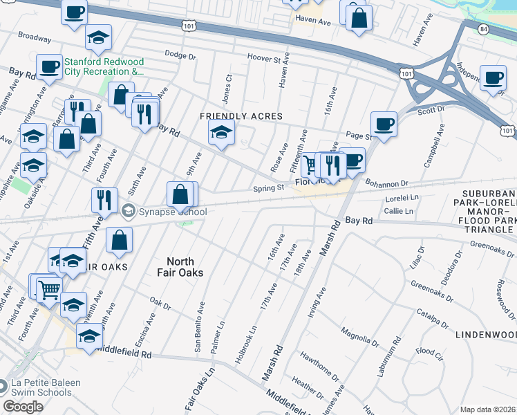 map of restaurants, bars, coffee shops, grocery stores, and more near 827 Fourteenth Avenue in Menlo Park