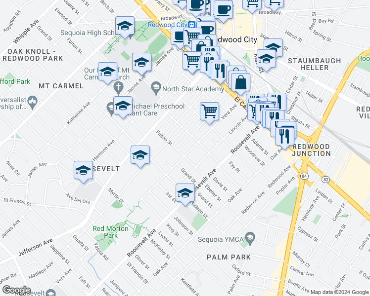 map of restaurants, bars, coffee shops, grocery stores, and more near 534 Vera Avenue in Redwood City