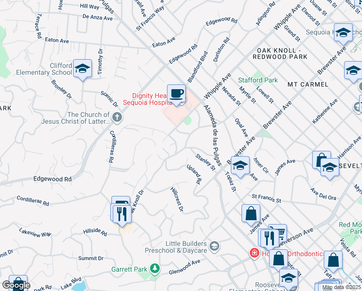 map of restaurants, bars, coffee shops, grocery stores, and more near 2948 Hopkins Avenue in Redwood City