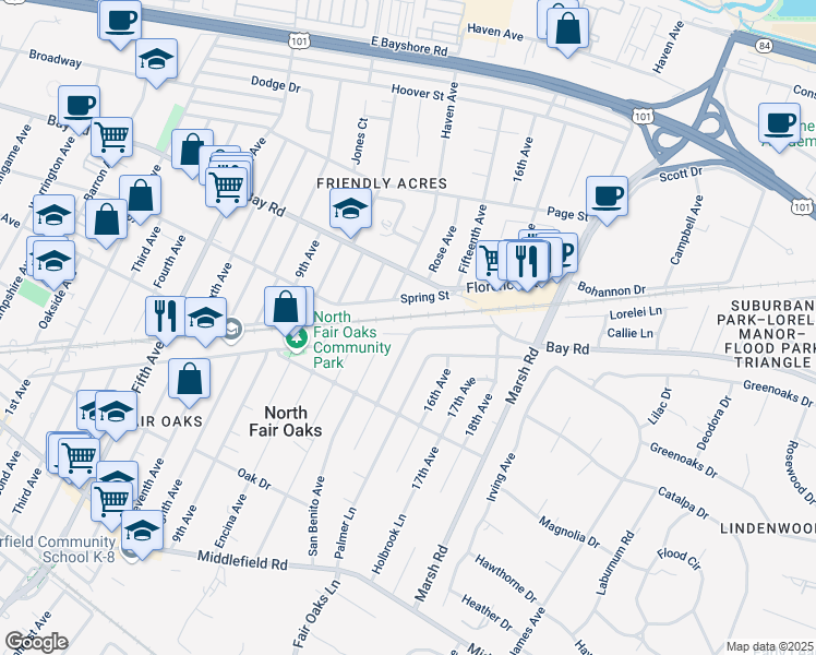 map of restaurants, bars, coffee shops, grocery stores, and more near 4 Athlone Way in Menlo Park