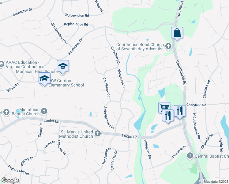 map of restaurants, bars, coffee shops, grocery stores, and more near 11419 Westcreek Court in Richmond