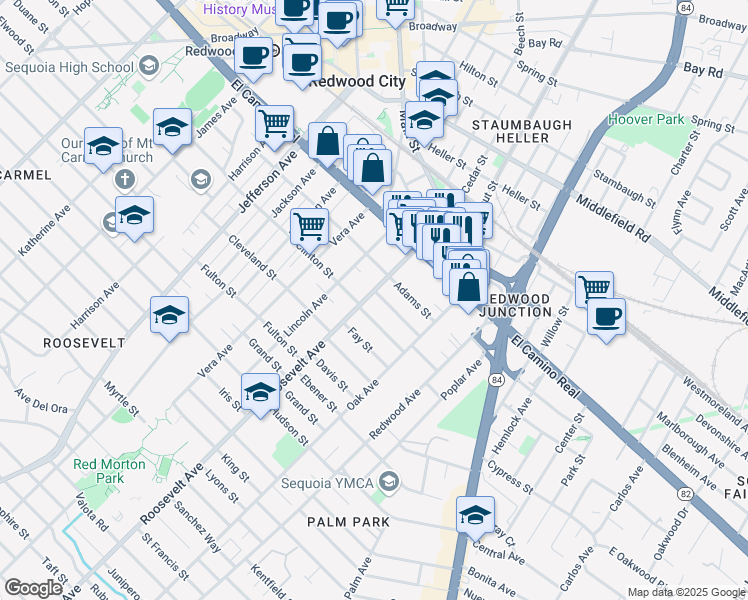 map of restaurants, bars, coffee shops, grocery stores, and more near 245 Roosevelt Avenue in Redwood City