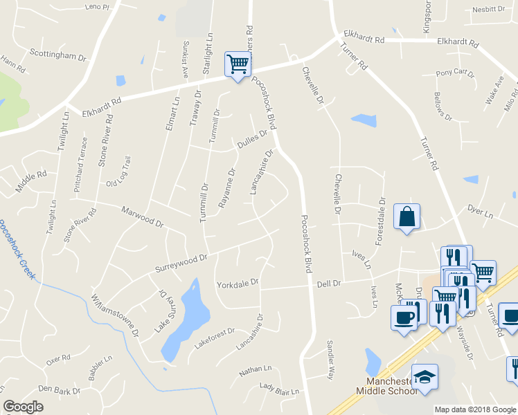 map of restaurants, bars, coffee shops, grocery stores, and more near 1809 Lancashire Drive in Richmond