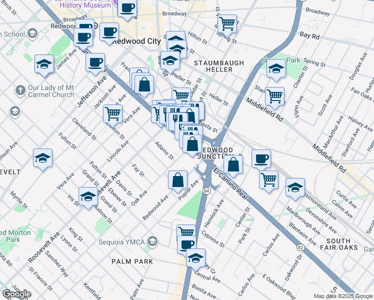 map of restaurants, bars, coffee shops, grocery stores, and more near Oak Avenue in Redwood City