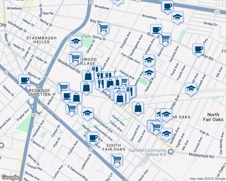 map of restaurants, bars, coffee shops, grocery stores, and more near 426 Hurlingame Avenue in Redwood City
