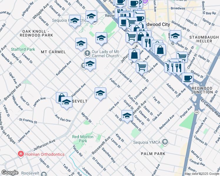 map of restaurants, bars, coffee shops, grocery stores, and more near 712 Madison Avenue in Redwood City