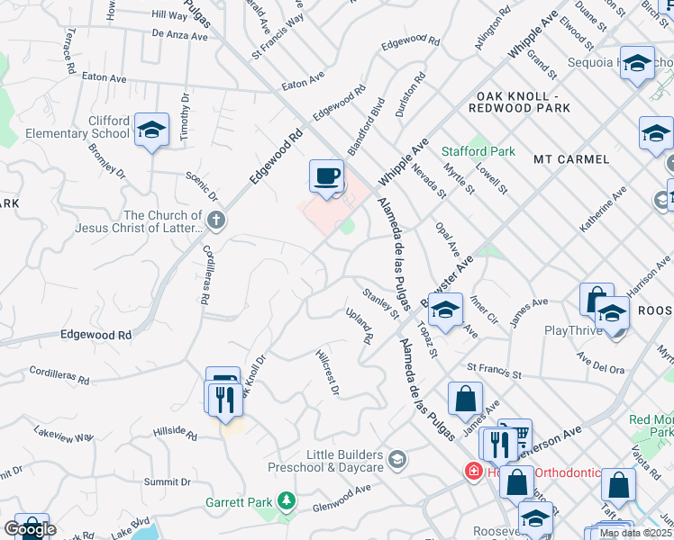 map of restaurants, bars, coffee shops, grocery stores, and more near 2948 Hopkins Avenue in Redwood City