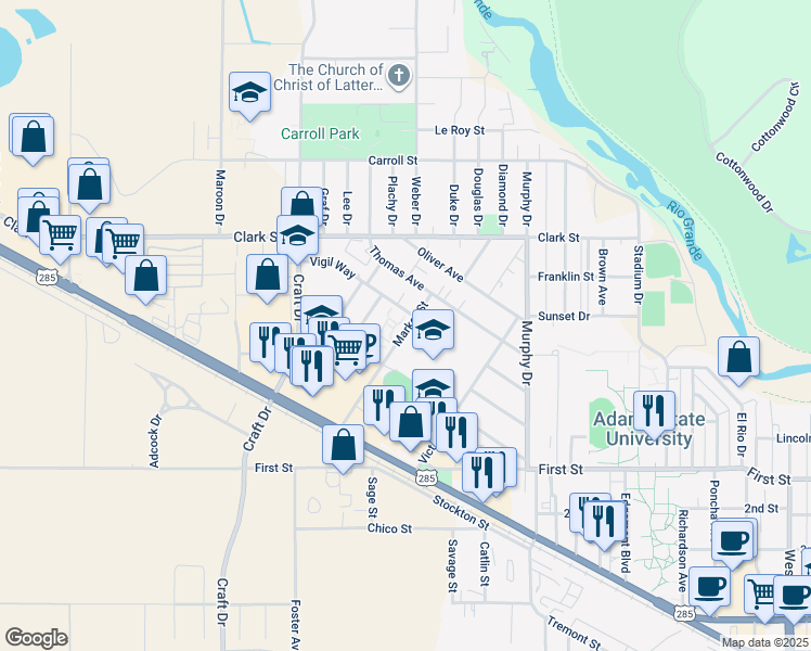 map of restaurants, bars, coffee shops, grocery stores, and more near 219 Market Street in Alamosa