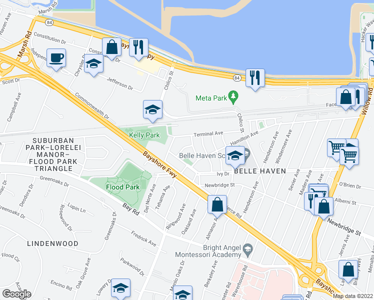 map of restaurants, bars, coffee shops, grocery stores, and more near 1140 Bieber Avenue in Menlo Park