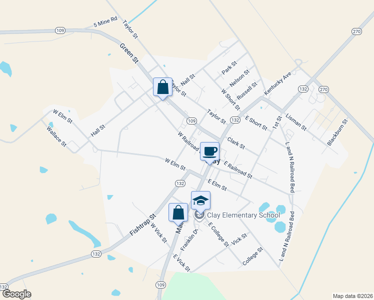 map of restaurants, bars, coffee shops, grocery stores, and more near 199 Grove Street in Clay