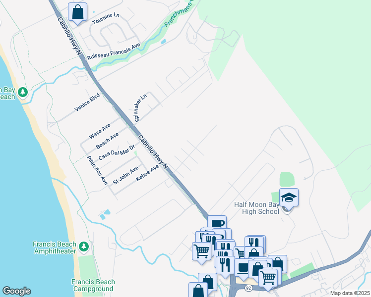 map of restaurants, bars, coffee shops, grocery stores, and more near 1009 Bancroft Avenue in Half Moon Bay