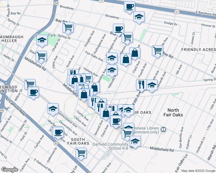 map of restaurants, bars, coffee shops, grocery stores, and more near 523 Oakside Avenue in Redwood City