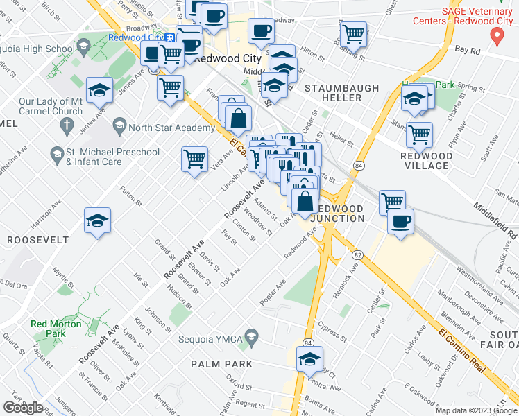 map of restaurants, bars, coffee shops, grocery stores, and more near 1136 Adams Street in Redwood City
