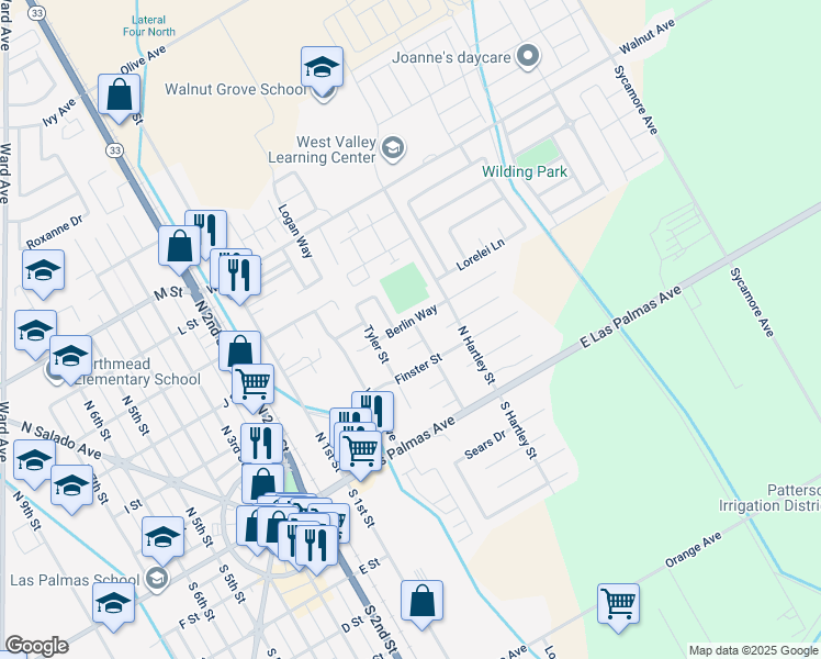 map of restaurants, bars, coffee shops, grocery stores, and more near 316 Berlin Way in Patterson