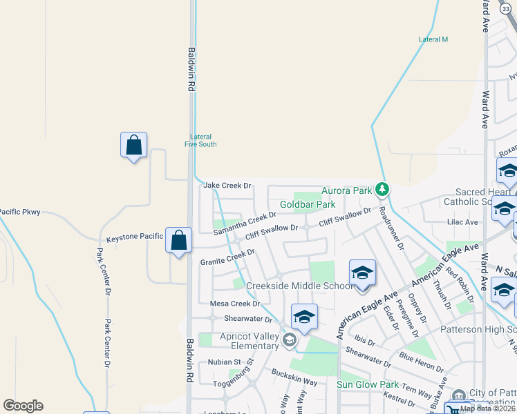 map of restaurants, bars, coffee shops, grocery stores, and more near 636 Stone Creek Lane in Patterson