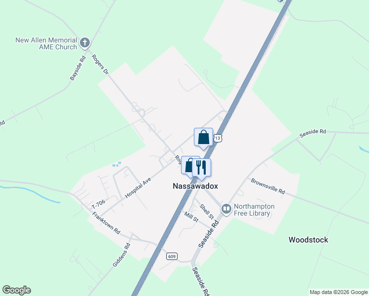 map of restaurants, bars, coffee shops, grocery stores, and more near 10106 Pine Avenue in Nassawadox