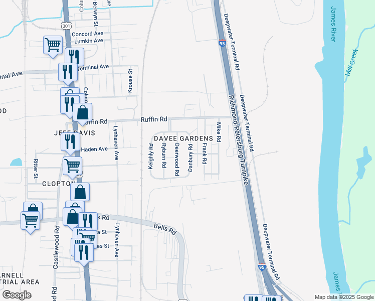 map of restaurants, bars, coffee shops, grocery stores, and more near 3415 Danbury Road in Richmond