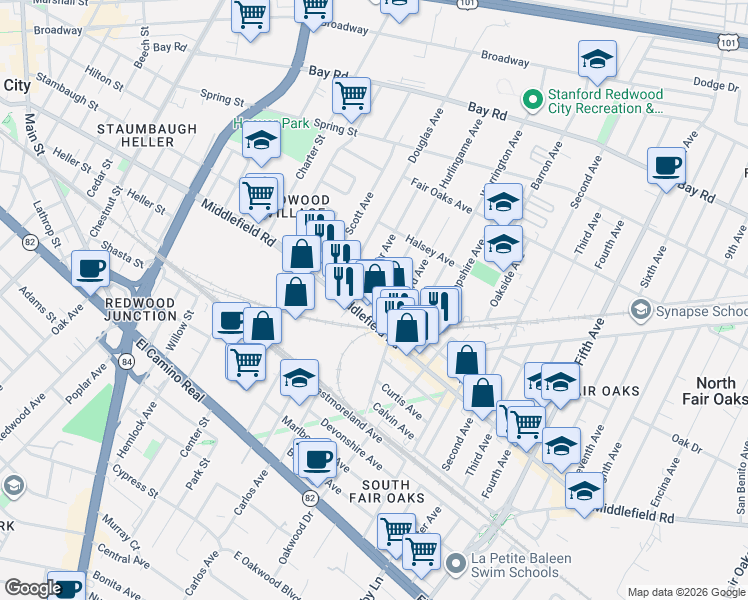 map of restaurants, bars, coffee shops, grocery stores, and more near 426 Hurlingame Avenue in Redwood City