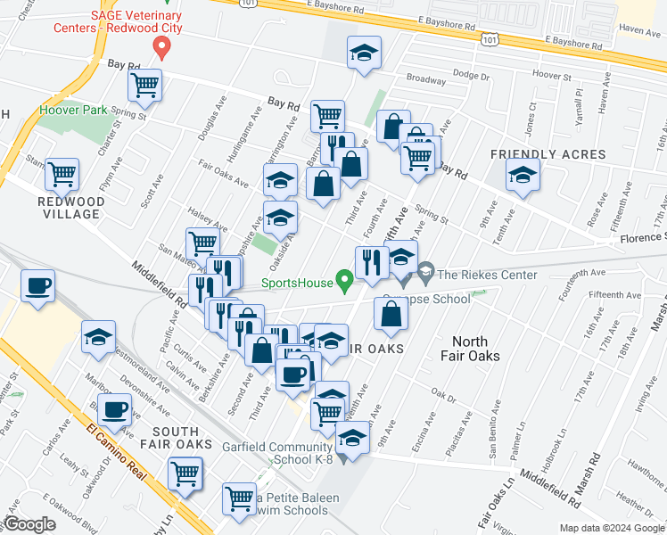 map of restaurants, bars, coffee shops, grocery stores, and more near 640 Third Avenue in Redwood City