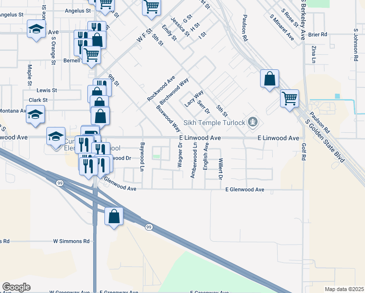 map of restaurants, bars, coffee shops, grocery stores, and more near 1620 Wagner Drive in Turlock
