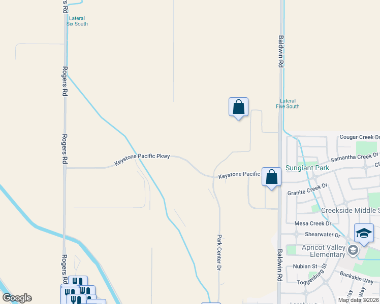 map of restaurants, bars, coffee shops, grocery stores, and more near 2400 Keystone Pacific Parkway in Patterson