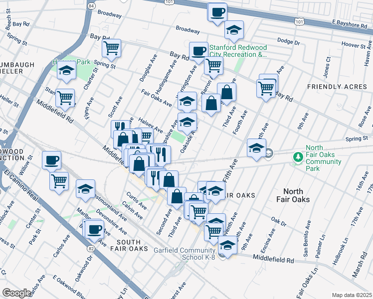 map of restaurants, bars, coffee shops, grocery stores, and more near 523 Oakside Avenue in Redwood City